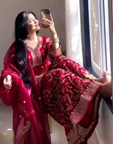 Women’s Red Embroidered Kurta Palazzo Set with Dupatta for Festive Wear Designer Ethnic Suit Set Traditional Party Wear Wedding Kurti Palazzo Dress for Women Red XXL thumbnail 0