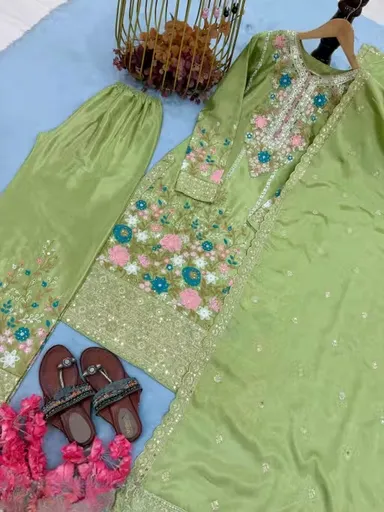 Women Floral Embroidered Kurta Pant Dupatta Set Green Colour Ethnic Suit Set for Women Festive Traditional Party Wear Straight Kurti Palazzo Dupatta Combo Designer Indian Ethnic Clothing Green M thumbnail 2