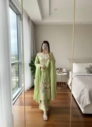 Women Floral Embroidered Kurta Pant Dupatta Set Green Colour Ethnic Suit Set for Women Festive Traditional Party Wear Straight Kurti Palazzo Dupatta Combo Designer Indian Ethnic Clothing Green XL thumbnail 0