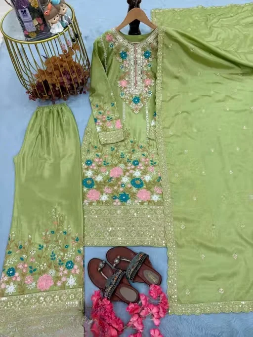 Women Floral Embroidered Kurta Pant Dupatta Set Green Colour Ethnic Suit Set for Women Festive Traditional Party Wear Straight Kurti Palazzo Dupatta Combo Designer Indian Ethnic Clothing Green XXL image 2