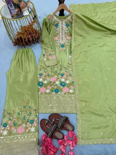 Women Floral Embroidered Kurta Pant Dupatta Set Green Colour Ethnic Suit Set for Women Festive Traditional Party Wear Straight Kurti Palazzo Dupatta Combo Designer Indian Ethnic Clothing Green XXL thumbnail 1