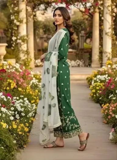 Women’s Embroidered Green Kurta Pant Set with Printed Dupatta for Festive Wear, Traditional Ethnic Suit Set for Women, Party Wear Kurti Palazzo Dress Material Style Outfit Green M thumbnail 1