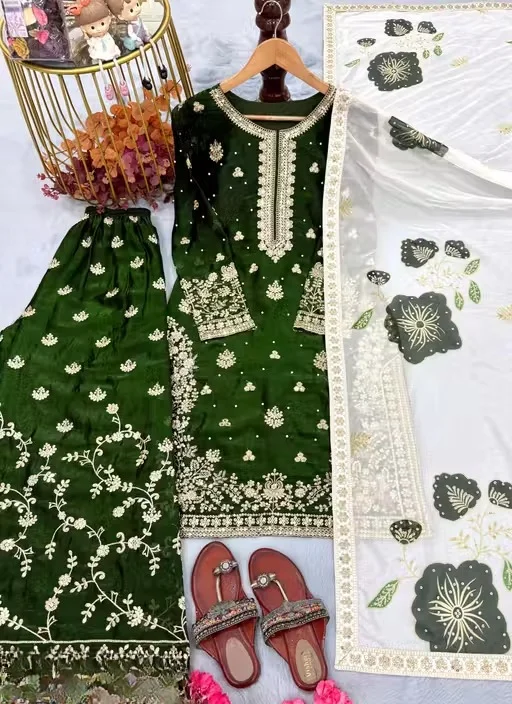 Women’s Embroidered Green Kurta Pant Set with Printed Dupatta for Festive Wear, Traditional Ethnic Suit Set for Women, Party Wear Kurti Palazzo Dress Material Style Outfit Green M image 3