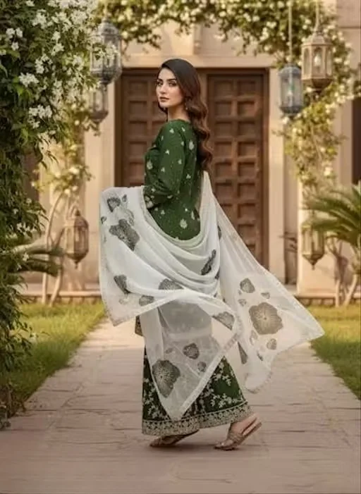 Women’s Embroidered Green Kurta Pant Set with Printed Dupatta for Festive Wear, Traditional Ethnic Suit Set for Women, Party Wear Kurti Palazzo Dress Material Style Outfit Green M image 4