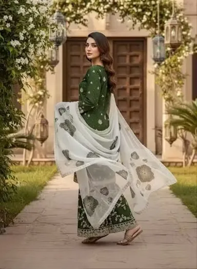 Women’s Embroidered Green Kurta Pant Set with Printed Dupatta for Festive Wear, Traditional Ethnic Suit Set for Women, Party Wear Kurti Palazzo Dress Material Style Outfit Green M thumbnail 3