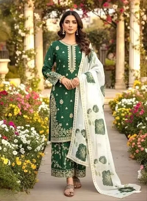 Women’s Embroidered Green Kurta Pant Set with Printed Dupatta for Festive Wear, Traditional Ethnic Suit Set for Women, Party Wear Kurti Palazzo Dress Material Style Outfit Green L image 1