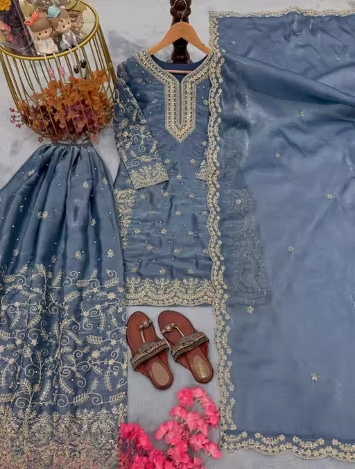Women’s Steel Blue Embroidered Kurta Palazzo Set with Dupatta for Festive Wear, Traditional Ethnic Suit Set for Women, Designer Embroidered Kurti Palazzo Dupatta Set, Wedding Festival Party Wear Indian Ethnic Clothing Blue M image 1