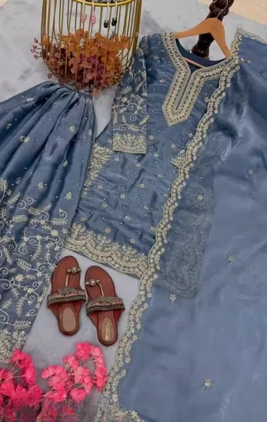 Women’s Steel Blue Embroidered Kurta Palazzo Set with Dupatta for Festive Wear, Traditional Ethnic Suit Set for Women, Designer Embroidered Kurti Palazzo Dupatta Set, Wedding Festival Party Wear Indian Ethnic Clothing Blue L thumbnail 2