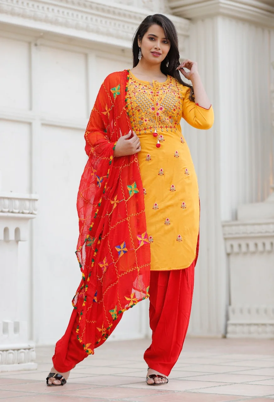 Mustard Yellow Rayon Embroidered Kurta Set with Red Dupatta for Women | Festive Straight Kurti with Floral Thread Work Mustard Yellow Rayon Embroidered Kurta Set with Red Dupatta L image 2