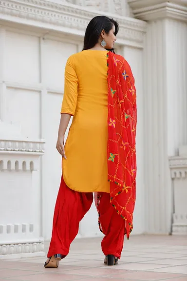Mustard Yellow Rayon Embroidered Kurta Set with Red Dupatta for Women | Festive Straight Kurti with Floral Thread Work Mustard Yellow Rayon Embroidered Kurta Set with Red Dupatta L thumbnail 2