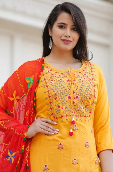 Mustard Yellow Rayon Embroidered Kurta Set with Red Dupatta for Women | Festive Straight Kurti with Floral Thread Work Mustard Yellow Rayon Embroidered Kurta Set with Red Dupatta XL thumbnail 0