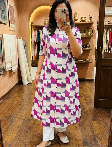 Women Geometric Print Purple and Pink Pure Cotton A-Line Kurta with Trousers Purple Pink M thumbnail 0