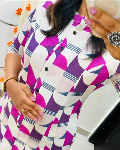 Women Geometric Print Purple and Pink Pure Cotton A-Line Kurta with Trousers Purple Pink XXL thumbnail 1