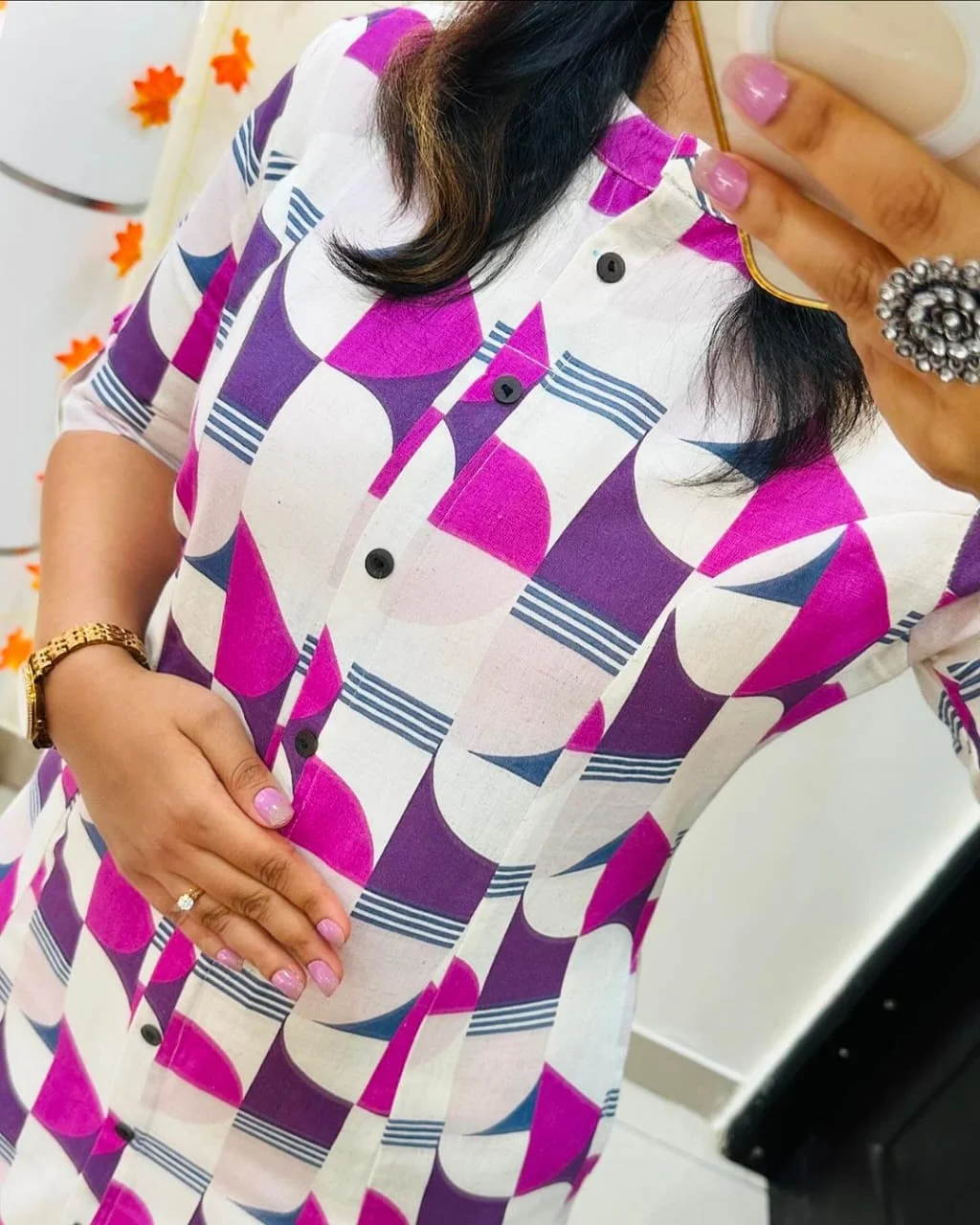 Women Geometric Print Purple and Pink Pure Cotton A-Line Kurta with Trousers Purple Pink 3XL image 2