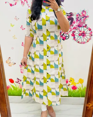 Women Geometric Print Purple and Pink Pure Cotton A-Line Kurta with Trousers Olive Green M thumbnail 2