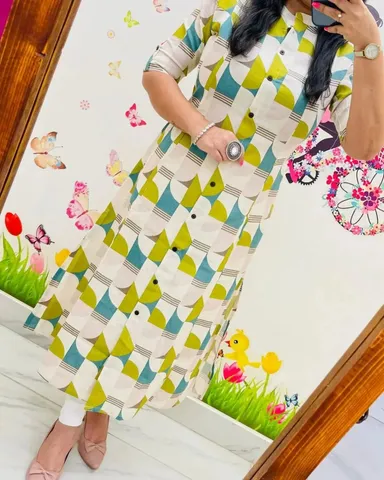 Women Geometric Print Purple and Pink Pure Cotton A-Line Kurta with Trousers Olive Green XL thumbnail 0