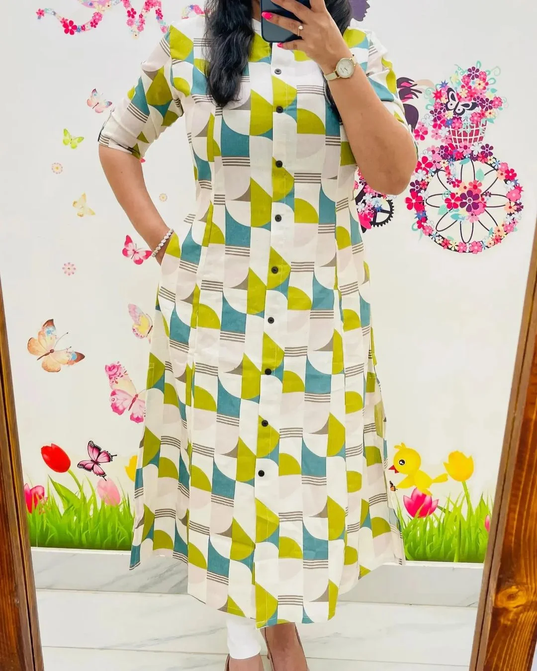 Women Geometric Print Purple and Pink Pure Cotton A-Line Kurta with Trousers Olive Green XXL image 2