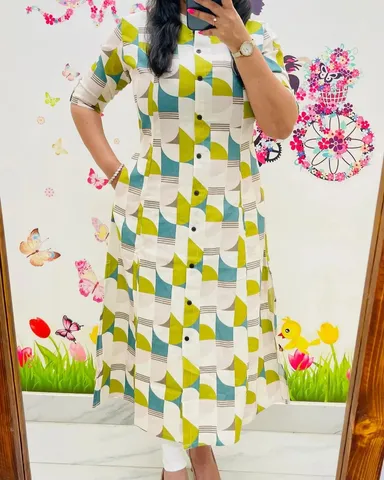 Women Geometric Print Purple and Pink Pure Cotton A-Line Kurta with Trousers Olive Green XXL thumbnail 1