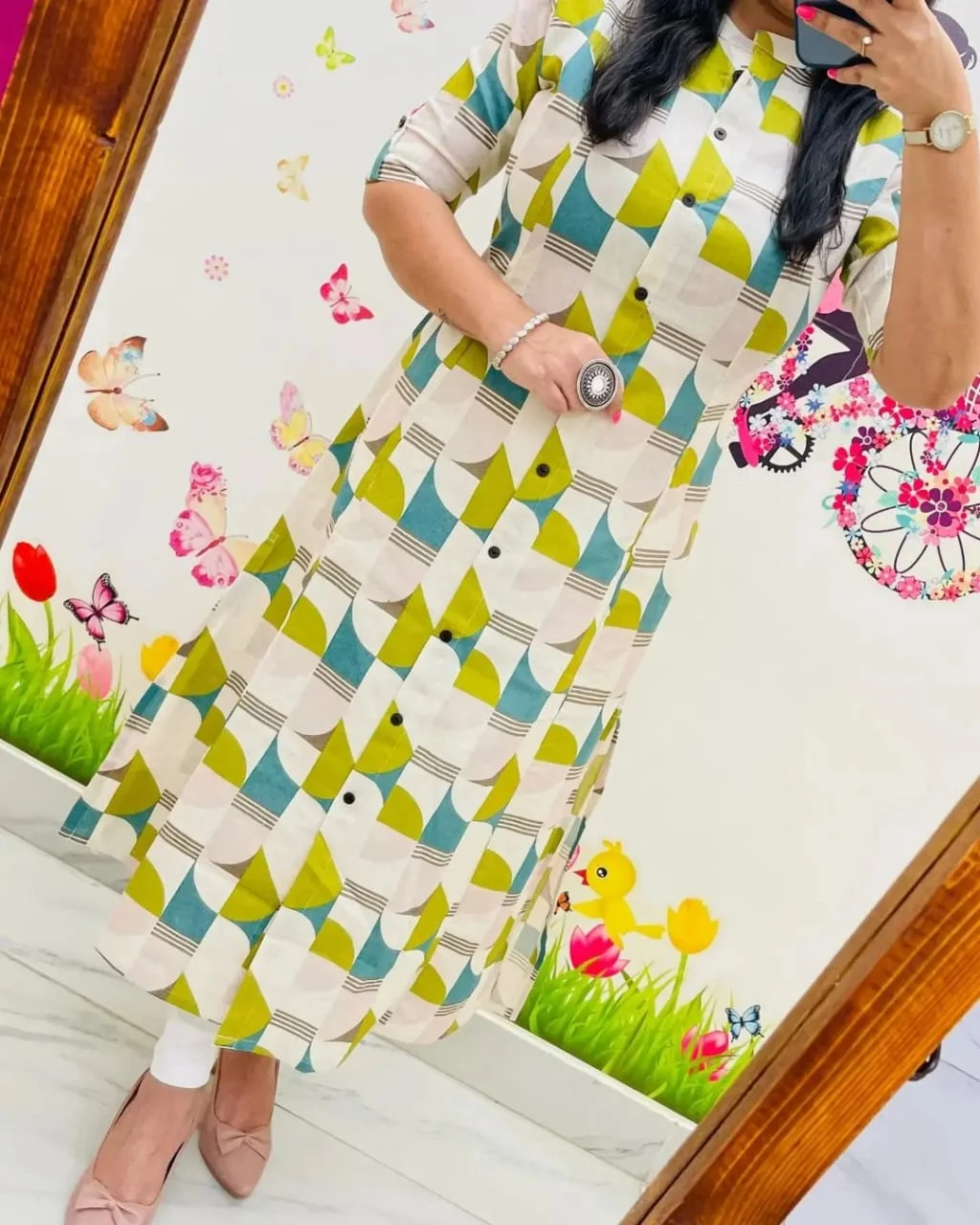Women Geometric Print Purple and Pink Pure Cotton A-Line Kurta with Trousers Olive Green XXL image 1