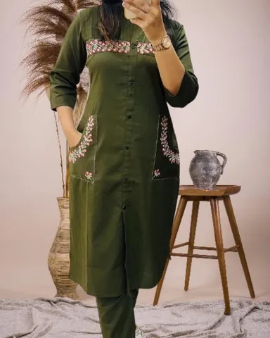 Olive Green Embroidered Cotton-Linen Co-ord Set with Front Buttons and Pocket Details Olive Green XXL thumbnail 0