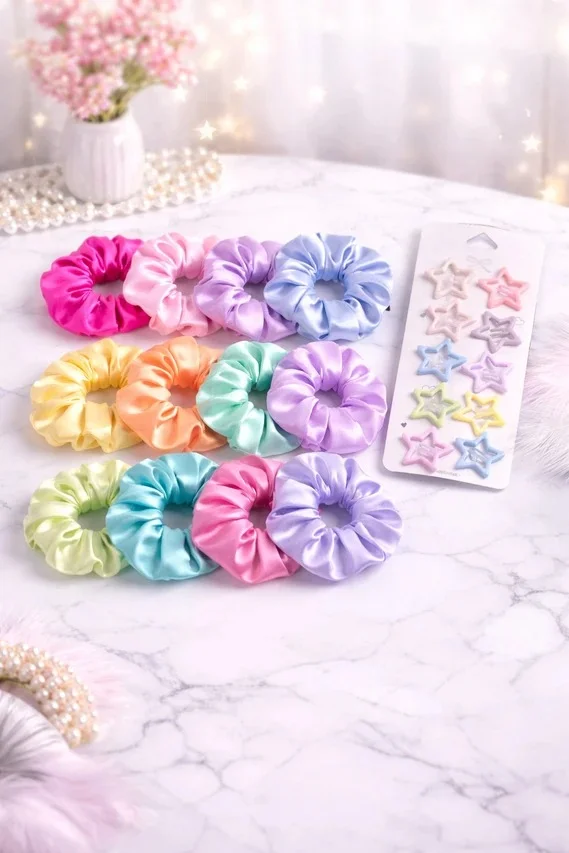 Women & Girls Multicolor Scrunchies and Star Hair Pin Accessory Set Soft Elastic Ponytail Holder Cute Korean Style Hair Bands Fashion Hair Styling Accessories for Daily Wear Party School College image 1