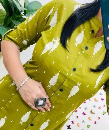 Olive Green Embroidered Cotton-Linen Co-ord Set with Front Buttons and Pocket Details Green Printed Kurti Pant Set M thumbnail 2