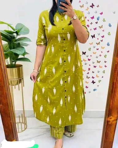 Olive Green Embroidered Cotton-Linen Co-ord Set with Front Buttons and Pocket Details Green Printed Kurti Pant Set M thumbnail 0