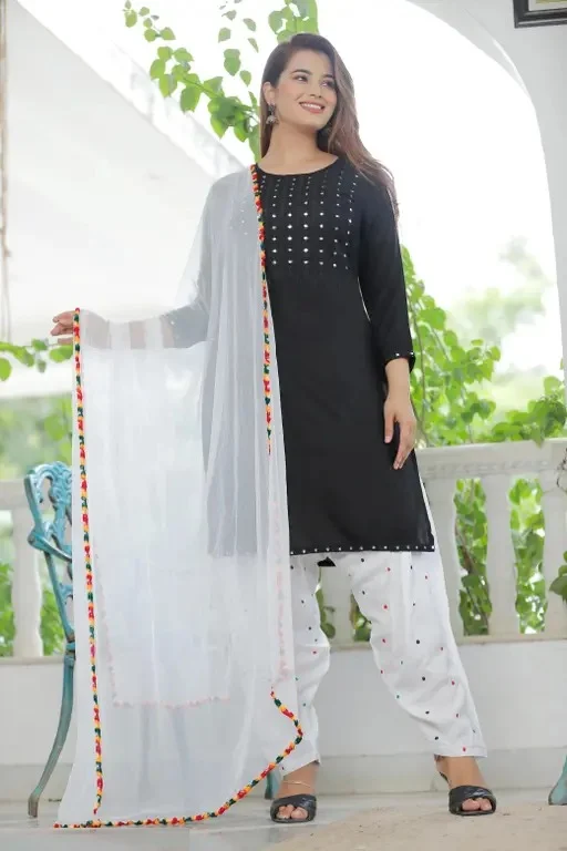 Women Black Rayon Mirror Work Straight Kurta with White Printed Patiala Salwar and Dupatta Set Black Rayon Mirror Work XXL image 2