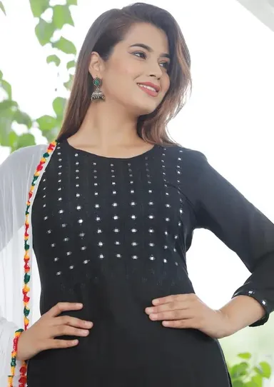 Women Black Rayon Mirror Work Straight Kurta with White Printed Patiala Salwar and Dupatta Set Black Rayon Mirror Work XXL thumbnail 2