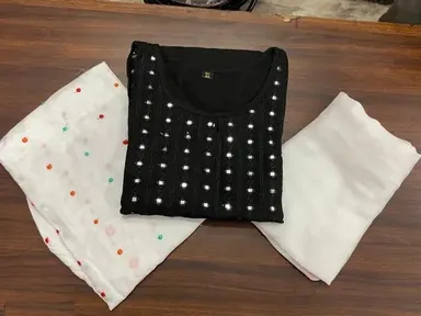 Women Black Rayon Mirror Work Straight Kurta with White Printed Patiala Salwar and Dupatta Set Black Rayon Mirror Work XXL thumbnail 3