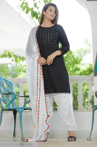 Women Black Rayon Mirror Work Straight Kurta with White Printed Patiala Salwar and Dupatta Set Black Rayon Mirror Work XXL thumbnail 0
