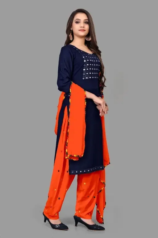 Women Black Rayon Mirror Work Straight Kurta with White Printed Patiala Salwar and Dupatta Set Blue-Orange Mirror Work Kurta Set M image 3