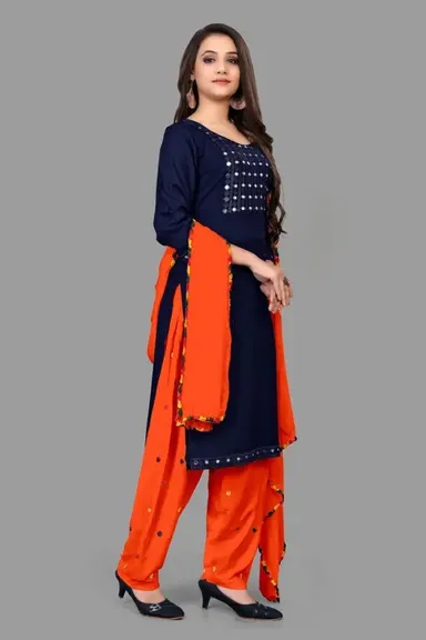 Women Black Rayon Mirror Work Straight Kurta with White Printed Patiala Salwar and Dupatta Set Blue-Orange Mirror Work Kurta Set XL thumbnail 2