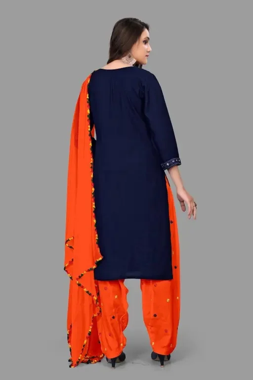 Women Black Rayon Mirror Work Straight Kurta with White Printed Patiala Salwar and Dupatta Set Blue-Orange Mirror Work Kurta Set XXL image 2