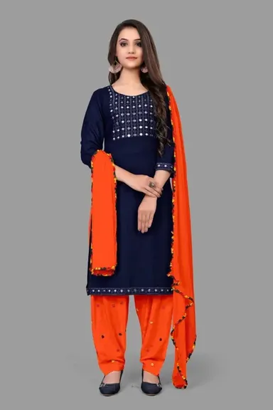 Women Black Rayon Mirror Work Straight Kurta with White Printed Patiala Salwar and Dupatta Set Blue-Orange Mirror Work Kurta Set XXL thumbnail 0