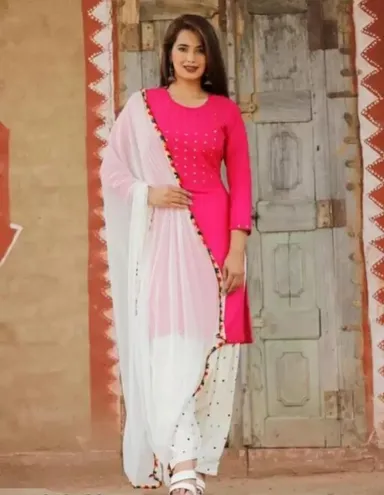 Women Black Rayon Mirror Work Straight Kurta with White Printed Patiala Salwar and Dupatta Set Pink & White Mirror Work Kurta Set XXL thumbnail 1