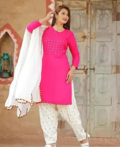 Women Black Rayon Mirror Work Straight Kurta with White Printed Patiala Salwar and Dupatta Set Pink & White Mirror Work Kurta Set XXL thumbnail 0