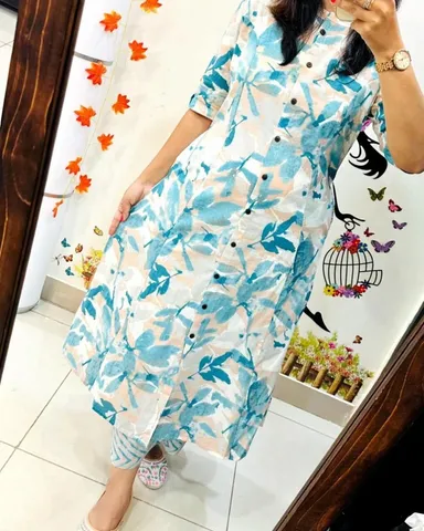 Women Floral Printed A-Line Kurti and Pant Set Blue and Beige Floral Print M thumbnail 1