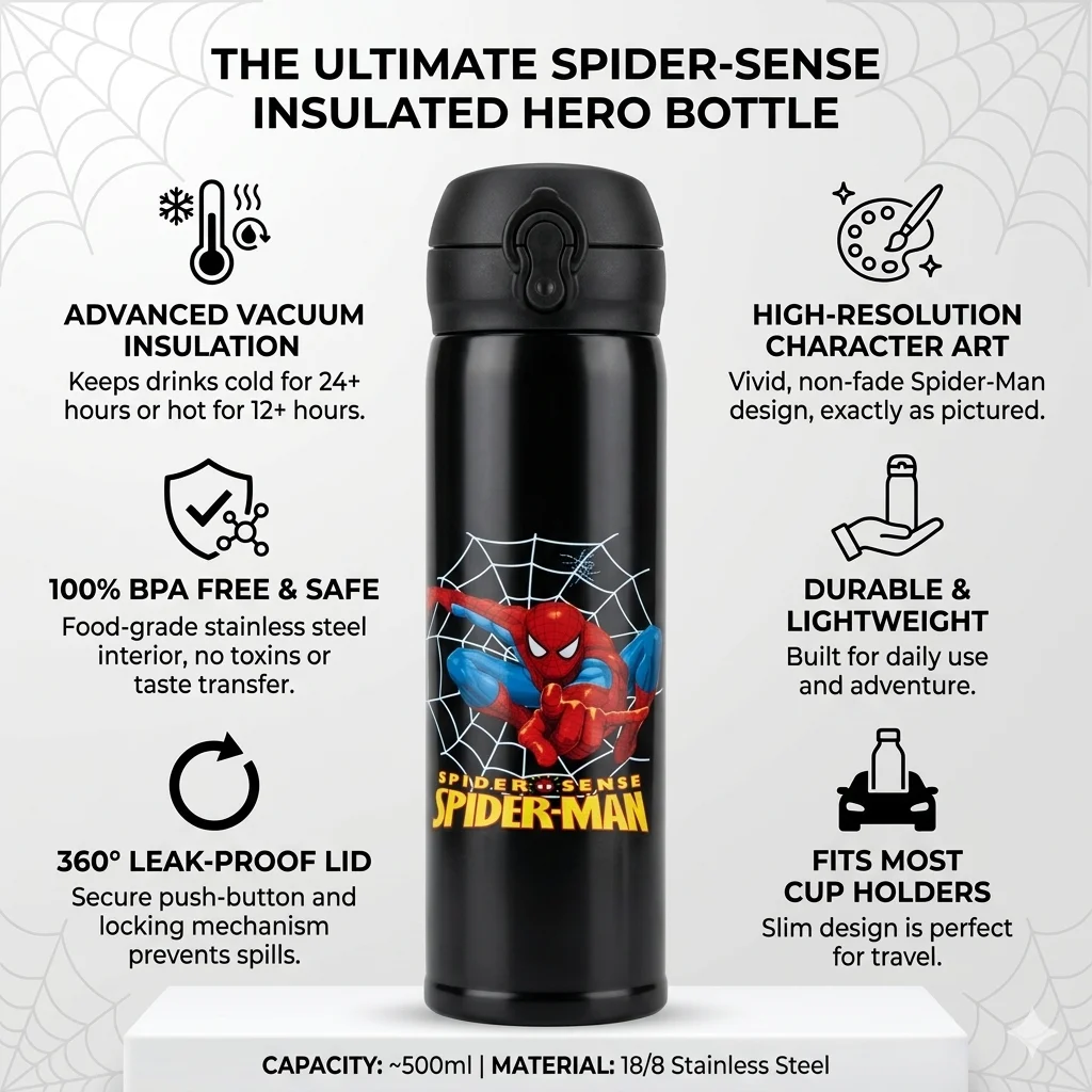 SpiderSteel Water Bottel for girls/ kids/flask/insulated 500ml (Pack of 1,pink)water bottle, Best For School,office,home, stainless steel bottle cute printed water bottle/ hot cold water bottle/steel bottel. image 2