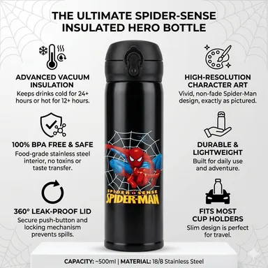 SpiderSteel Water Bottel for girls/ kids/flask/insulated 500ml (Pack of 1,pink)water bottle, Best For School,office,home, stainless steel bottle cute printed water bottle/ hot cold water bottle/steel bottel. thumbnail 1