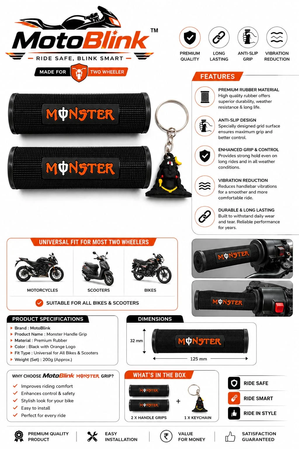 Moto Monster Black Motorcycle Handle Grip Cover Set for Honda TVS Royal Enfield Bikes & Scooters | Anti-Slip Rubber Handle Bar Grips for SP125 Activa i HF Dawn Bike Handle Grip Protector Pack of 2 image 4