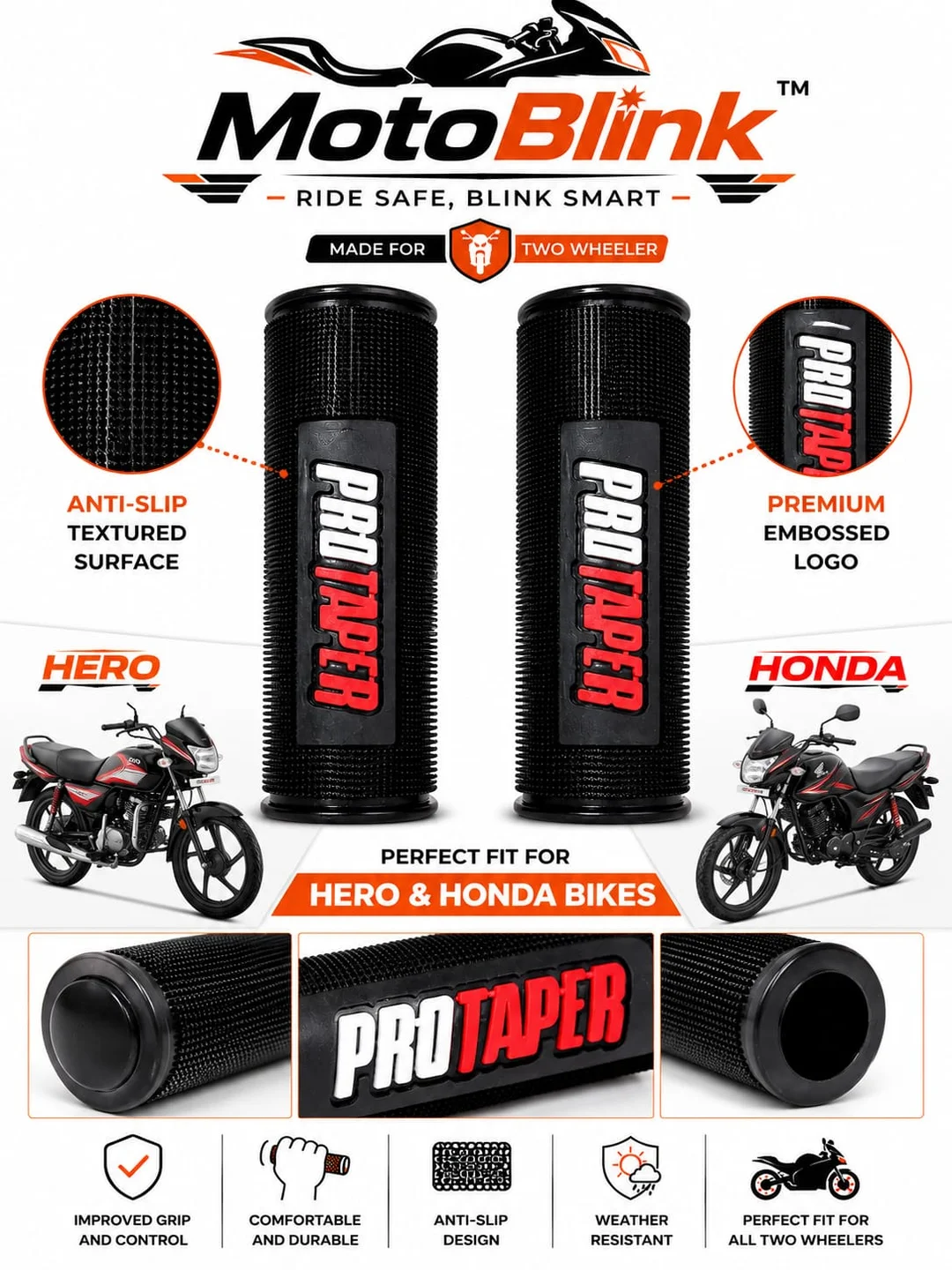 Protaper Motorcycle Handle Grip Cover Set of 2 Black Anti-Slip Rubber Universal Bike Handlebar Grips for Bikes & Scooters Waterproof Shock Resistant image 1