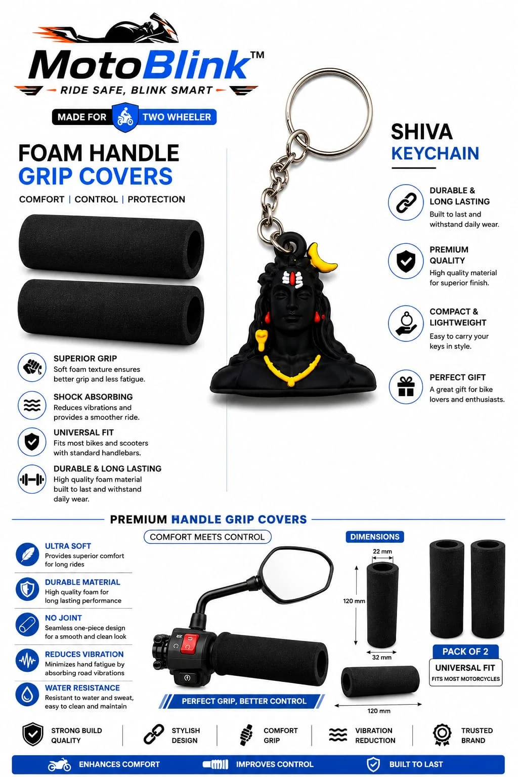 MotoBlink Universal Two Wheeler Foam Handle Grip Cover Set for Bikes & Scooters with Premium Shiva Keychain Combo | Anti-Slip Shock Absorbing Soft Handlebar Grip Sleeves for Motorcycle Scooter Bike Handle Bar Protection Black Pack of 2 image 2