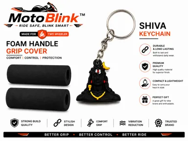 MotoBlink Universal Two Wheeler Foam Handle Grip Cover Set for Bikes & Scooters with Premium Shiva Keychain Combo | Anti-Slip Shock Absorbing Soft Handlebar Grip Sleeves for Motorcycle Scooter Bike Handle Bar Protection Black Pack of 2 thumbnail 2
