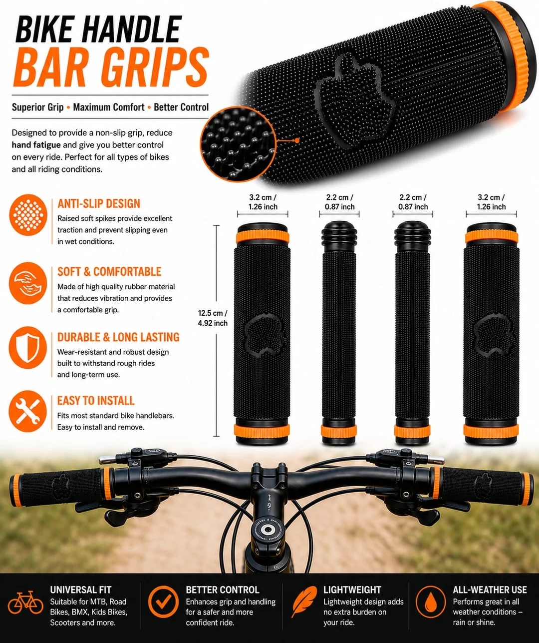 Ergonomic Anti-Slip Rubber Bicycle Handlebar Grips with Dual Lock-On Aluminum Alloy Rings for MTB Road Bike Cycle Scooter | Shock Absorbing Universal Cycling Handle Grip Covers Black Orange Pair image 2