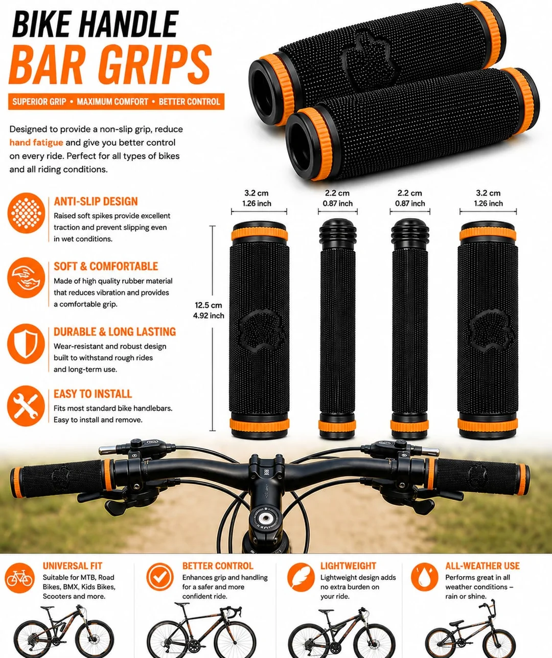 Ergonomic Anti-Slip Rubber Bicycle Handlebar Grips with Dual Lock-On Aluminum Alloy Rings for MTB Road Bike Cycle Scooter | Shock Absorbing Universal Cycling Handle Grip Covers Black Orange Pair image 3