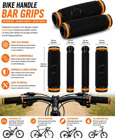 Ergonomic Anti-Slip Rubber Bicycle Handlebar Grips with Dual Lock-On Aluminum Alloy Rings for MTB Road Bike Cycle Scooter | Shock Absorbing Universal Cycling Handle Grip Covers Black Orange Pair thumbnail 2