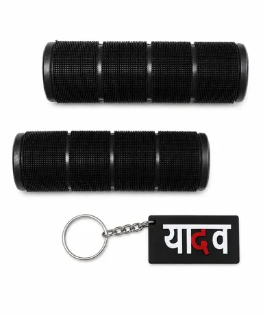 Universal Anti-Slip Motorcycle Handlebar Grip Set with Yadav Text Keychain Combo for Bikes & Scooters | Comfortable Rubber Handlebar Grips for Bike Modification Universal Fit Black thumbnail 1