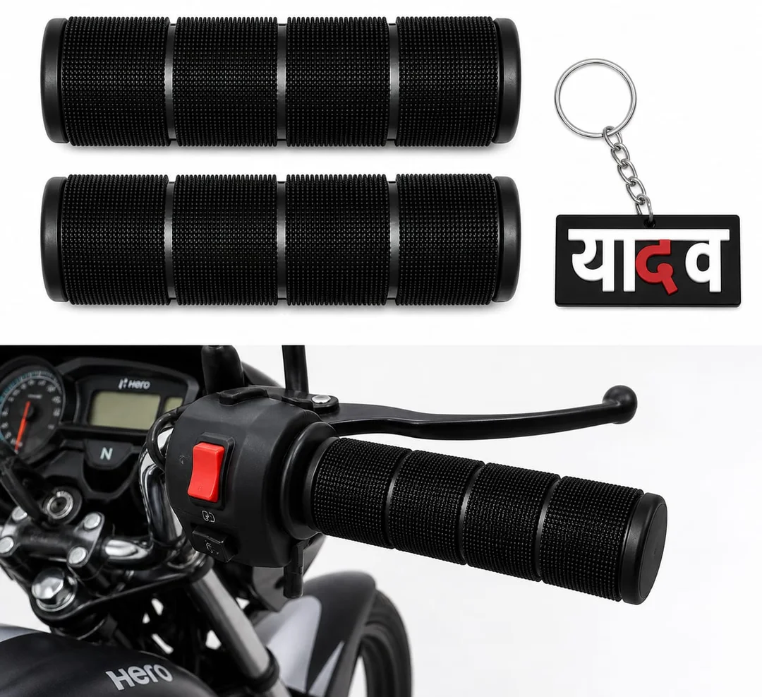 Universal Anti-Slip Motorcycle Handlebar Grip Set with Yadav Text Keychain Combo for Bikes & Scooters | Comfortable Rubber Handlebar Grips for Bike Modification Universal Fit Black image 1
