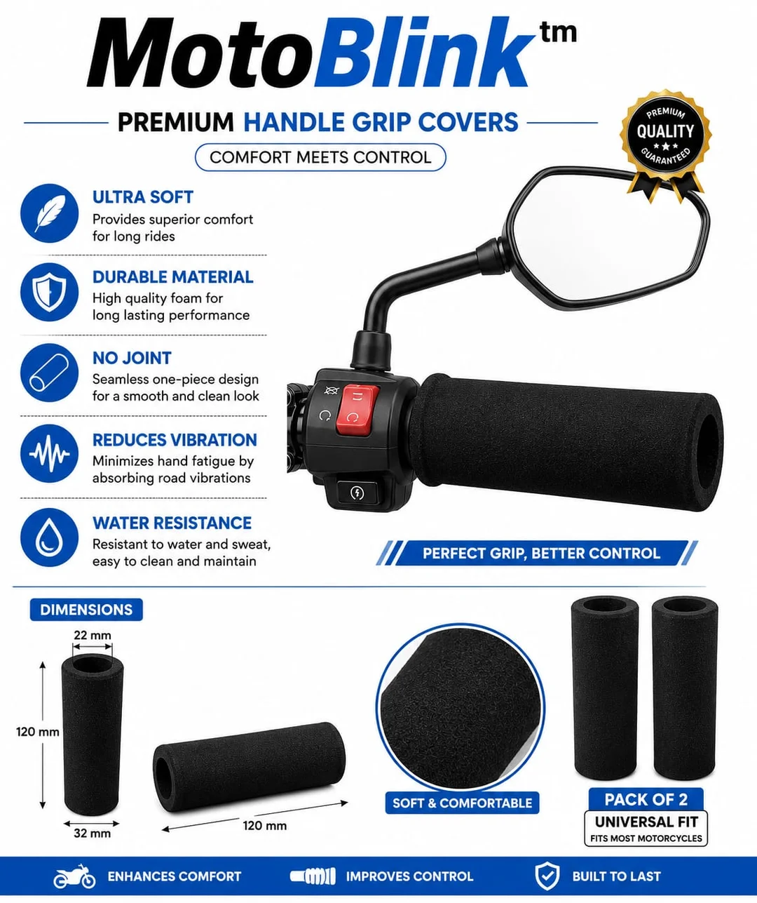 MotoBlink Premium Foam Handlebar Grip Cover for Motorcycles & Bikes – Anti-Slip Shock Absorbing Sponge Grip Sleeves for Bike Handlebar Comfort Universal Fit Black 1 Pair image 4